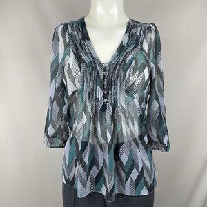 Banana Republic Semi Sheer Top Womens XS Grey Green Chevron Print Classic Office